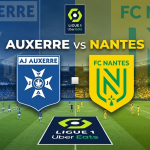 AJ Auxerre vs FC Nantes Ligue 1 match preview graphic with club logos and stadium background.