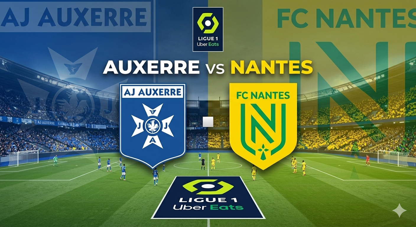AJ Auxerre vs FC Nantes Ligue 1 match preview graphic with club logos and stadium background.