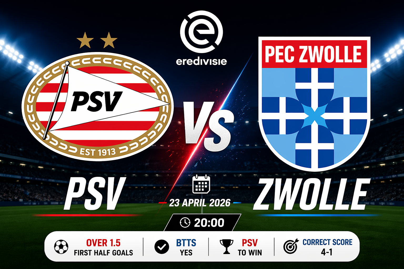 PSV vs Zwolle prediction today, Eredivisie betting tips with 4-1 correct score and first half goals