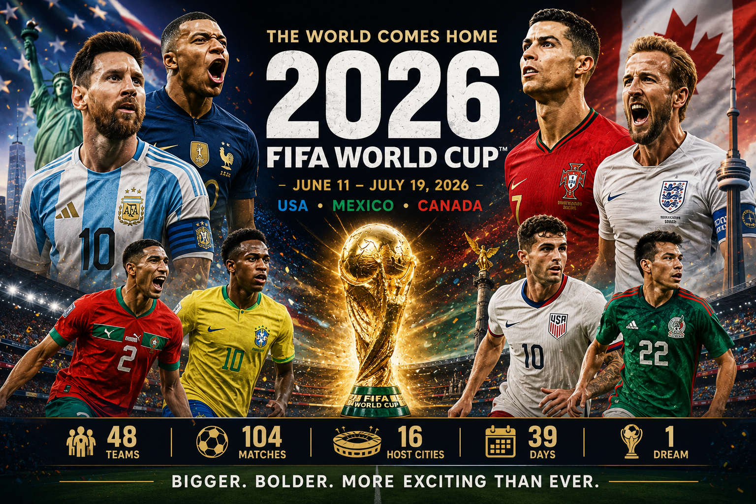 2026 FIFA World Cup trophy with host nations USA, Canada and Mexico