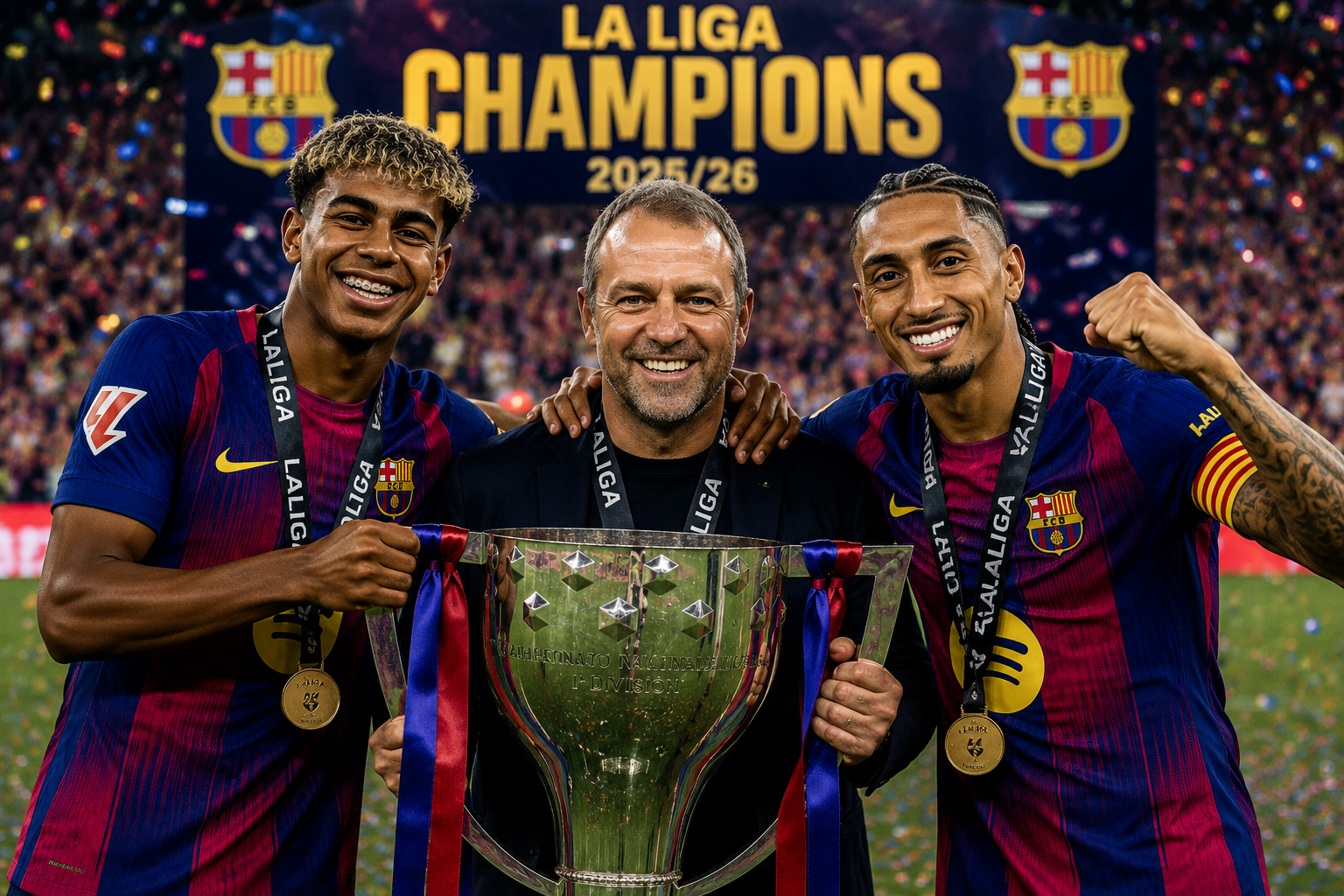 Barcelona players celebrating after defeating Real Madrid to win the 2025/26 La Liga title