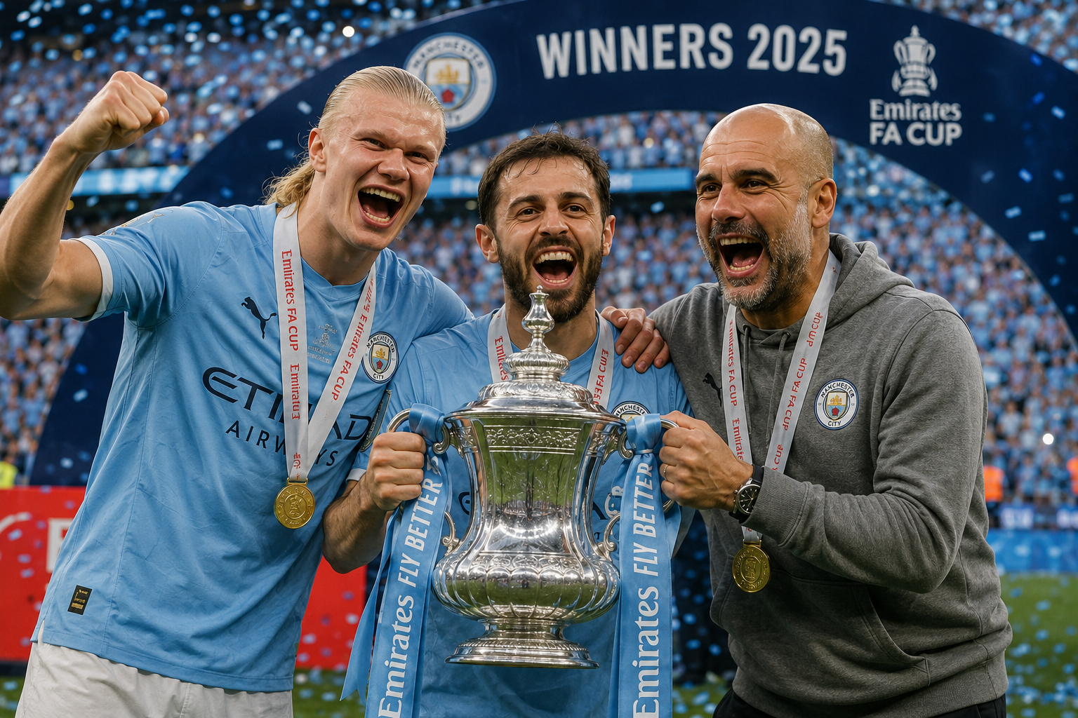 Manchester City players celebrating with the FA Cup after beating Chelsea in the 2025/26 final at Wembley