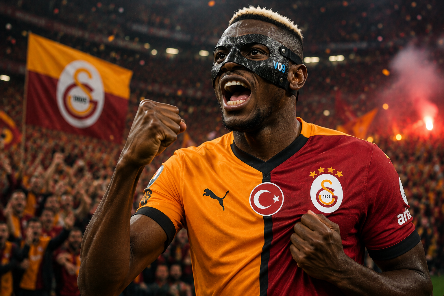 Victor Osimhen celebrating after scoring for Galatasaray in their Turkish Süper Lig title-winning victory over Antalyaspor