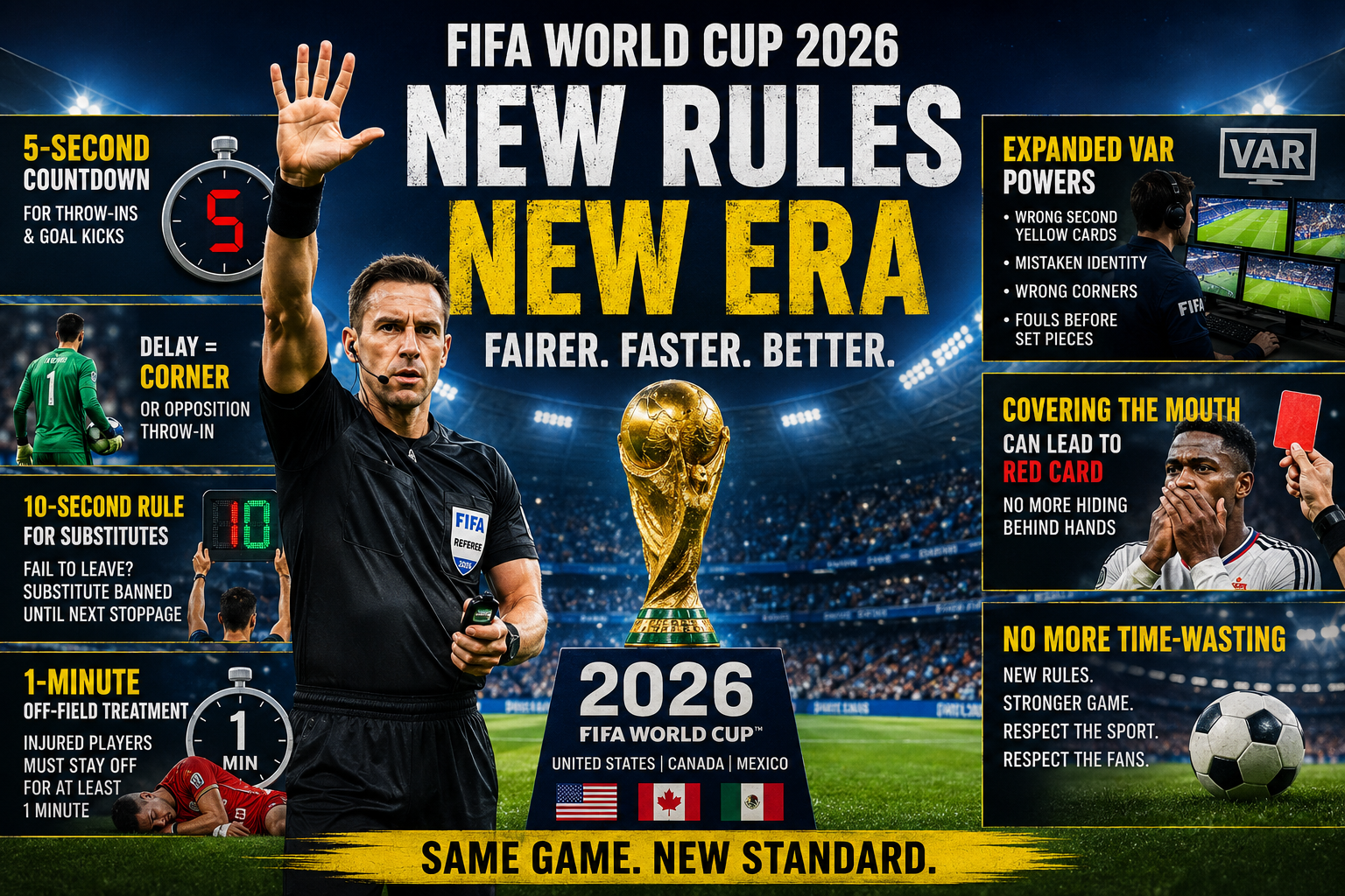Referee showing new countdown signal during a football match ahead of the 2026 FIFA World Cup