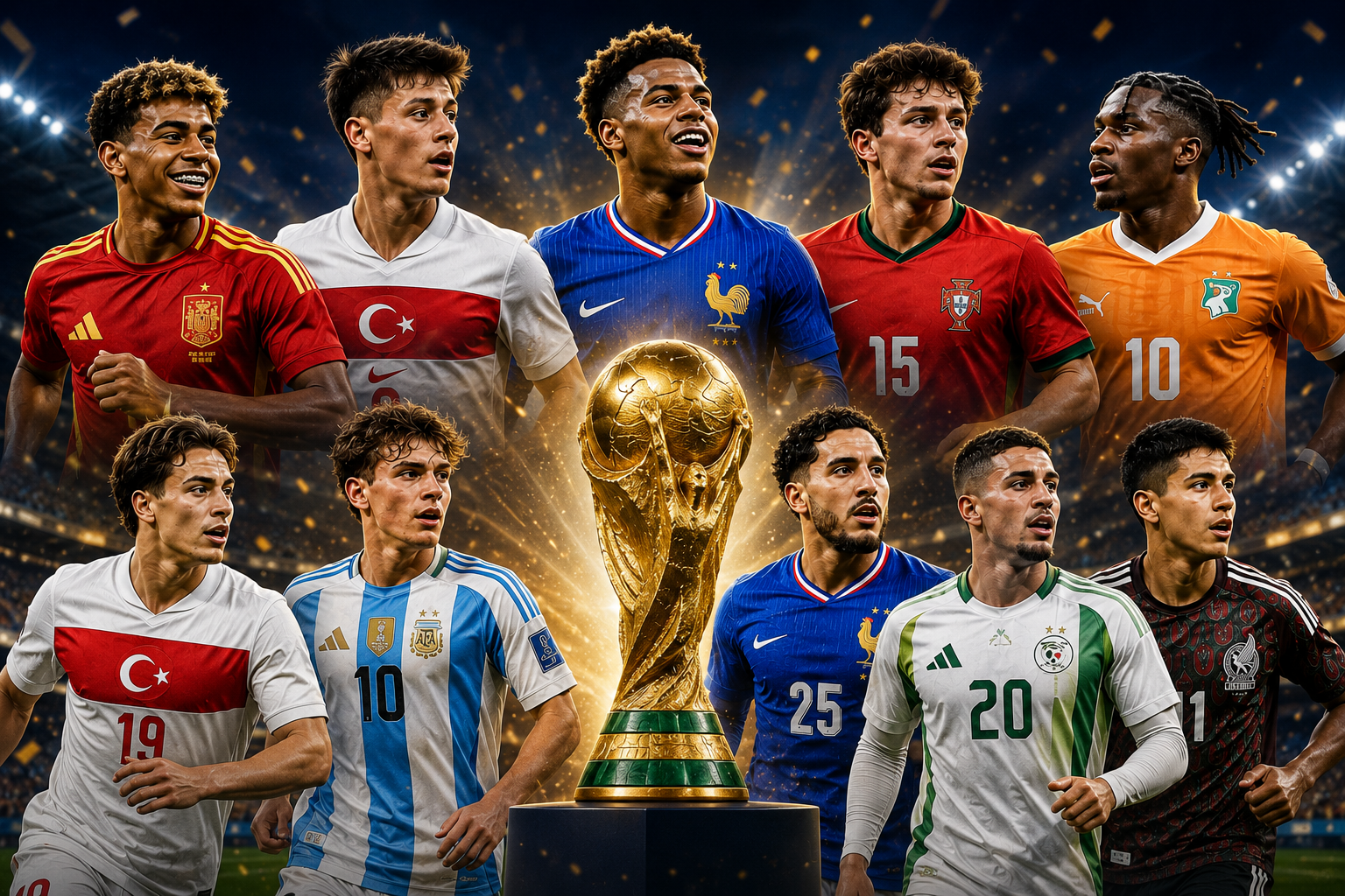 Top young football stars expected to shine at the FIFA World Cup 2026 including Lamine Yamal, Arda Güler and João Neves.