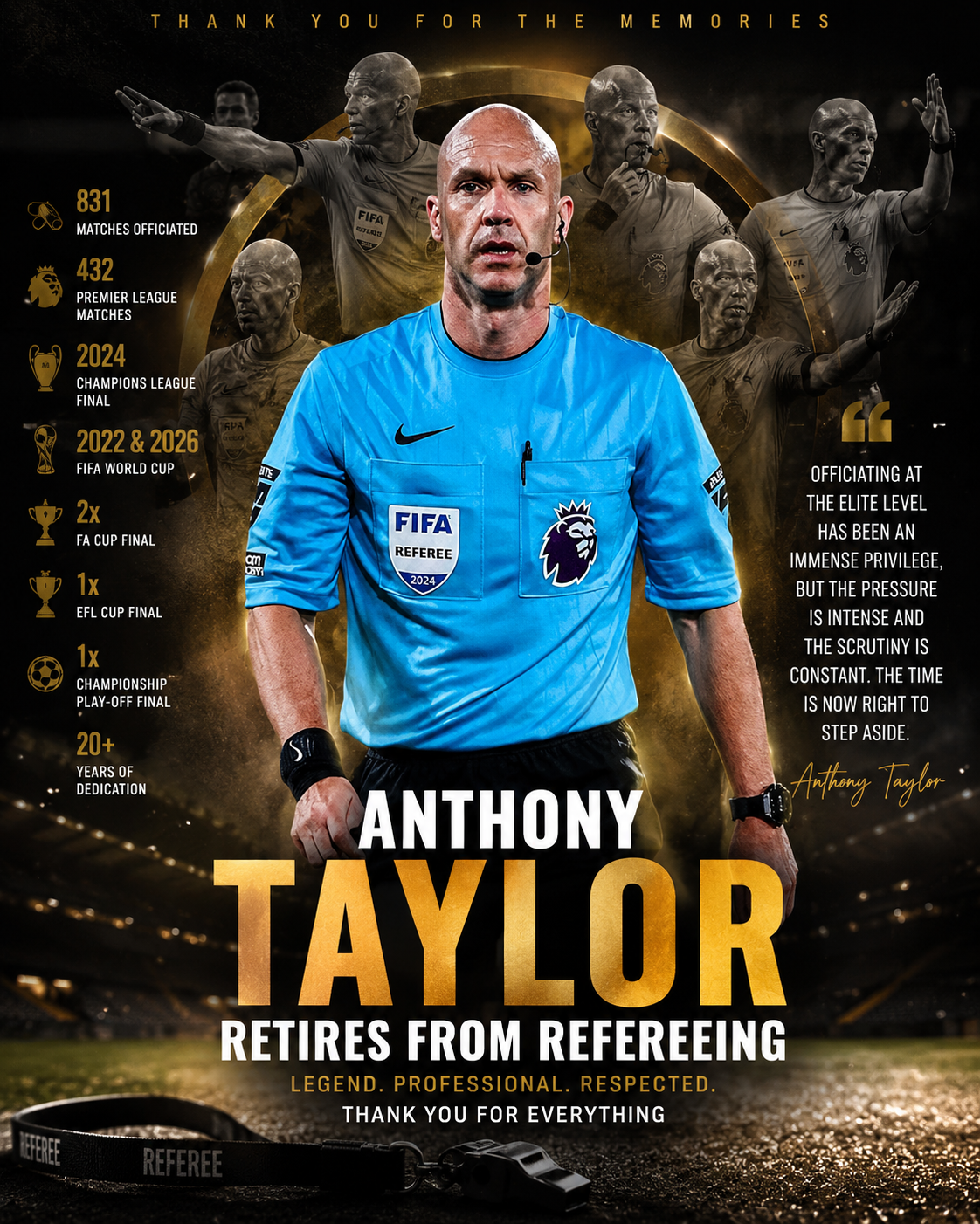 Anthony Taylor officiating his final match before announcing retirement after the FIFA World Cup 2026.