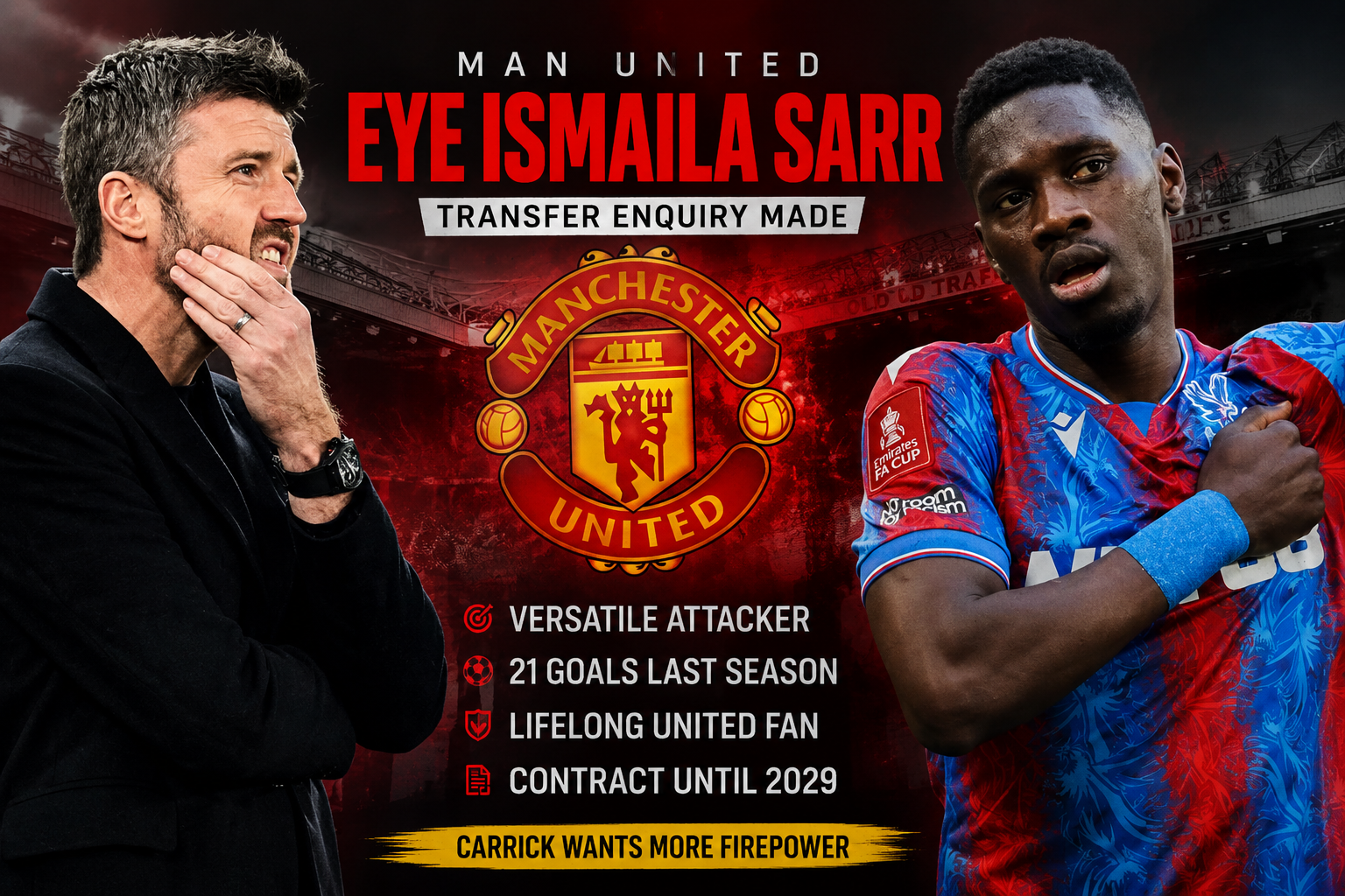 Ismaila Sarr in Crystal Palace colours linked with a transfer to Manchester United.